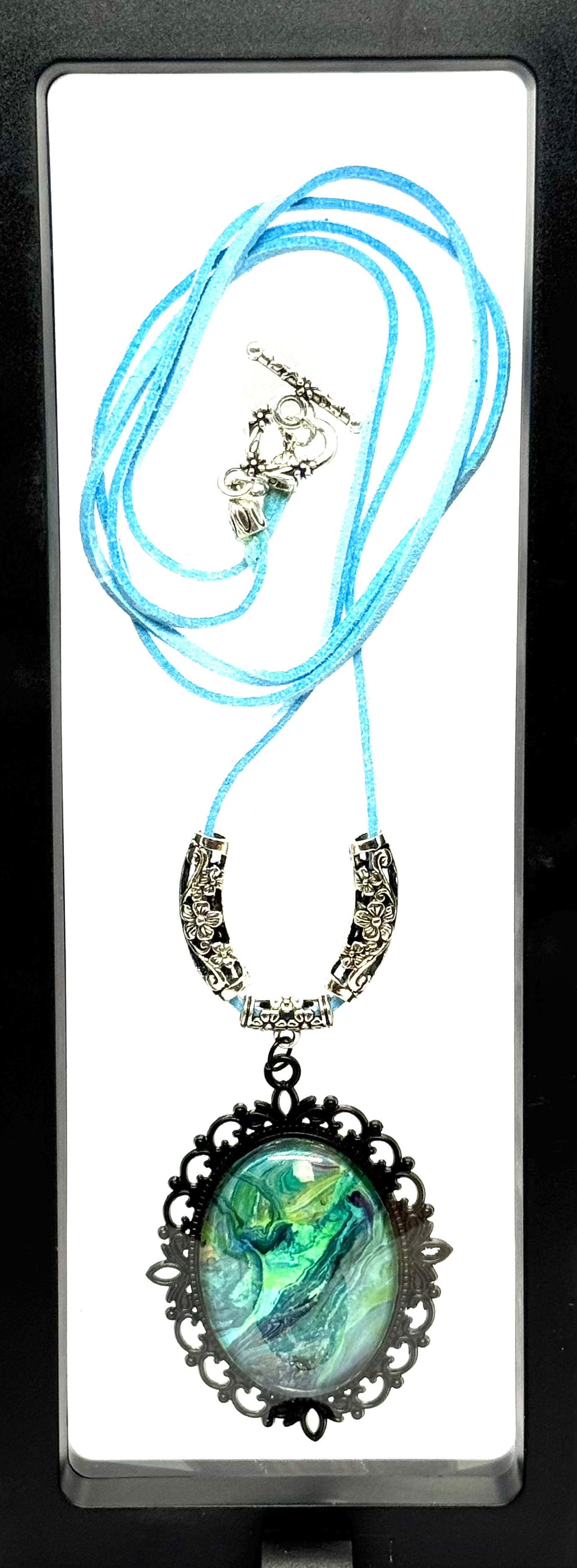 Ocean Mood Swing Necklace | Green & Teal Swirl Pendant | 34” Blue Cord | Statement Chaos