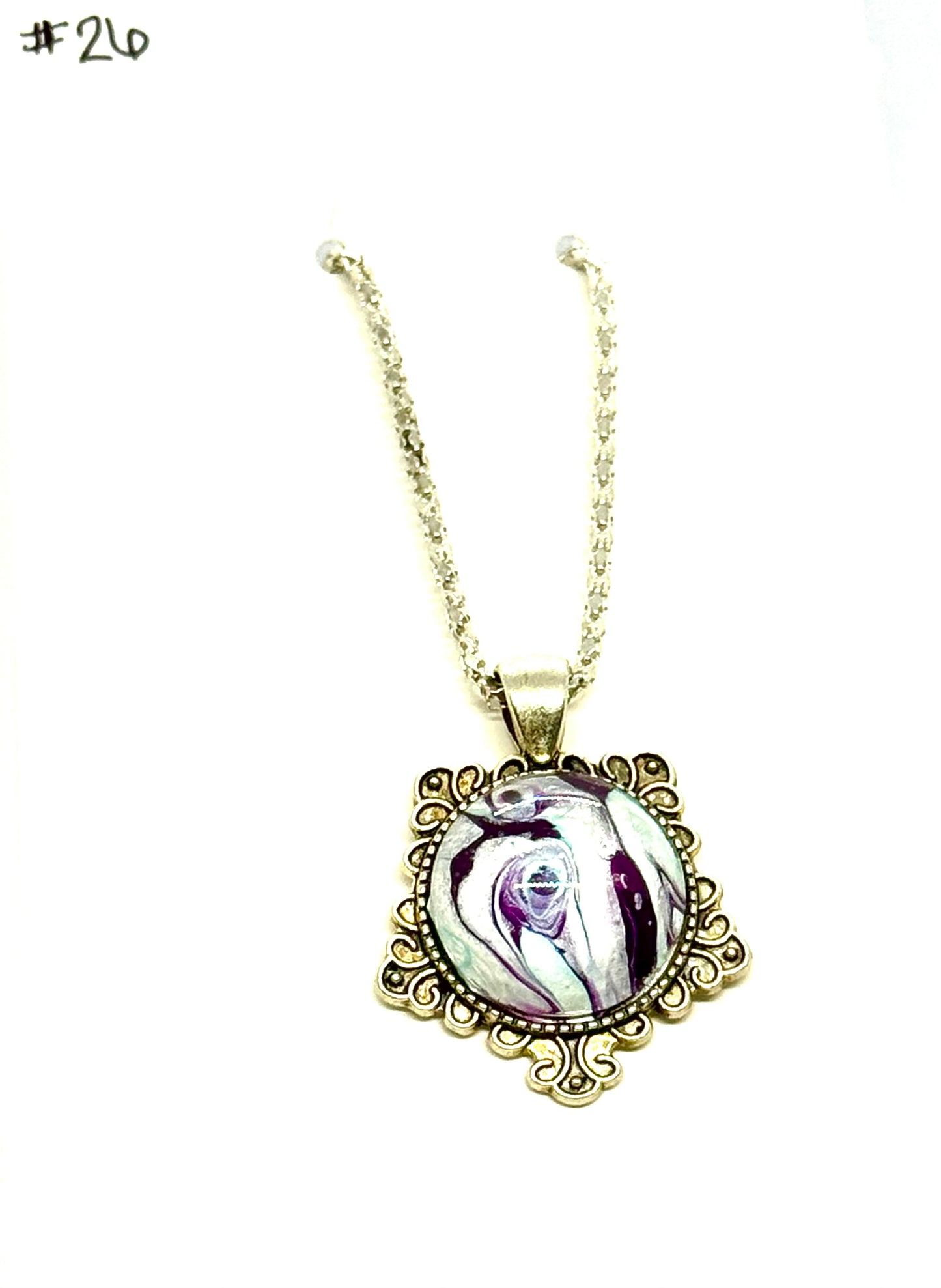 #26 Spiral Delusion – Purple & Silver Paint Pour Pendant | FDSS Original