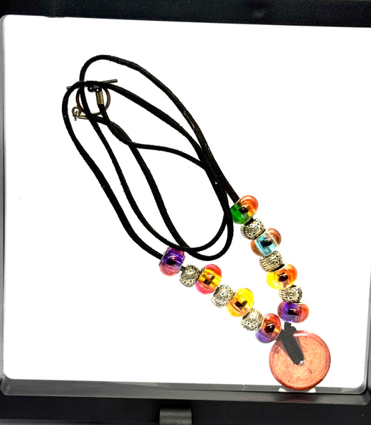 Rainbow Chaos Beaded Necklace | 28” Black Cord Necklace | Iridescent Glass Beads + Resin Pendant | Handmade Statement Piece