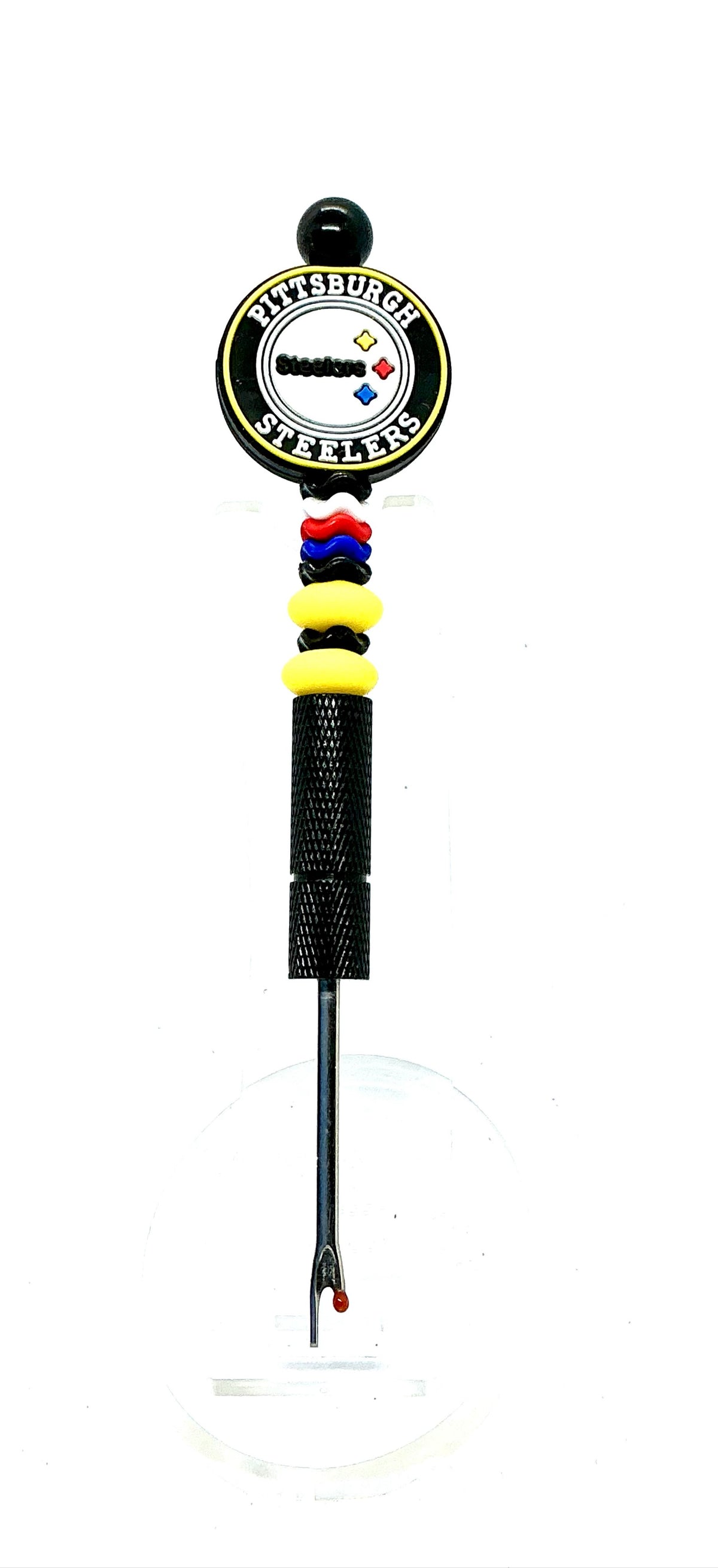 Beaded seam ripper with Pittsburgh football focal bead and black and gold beads on a black handle