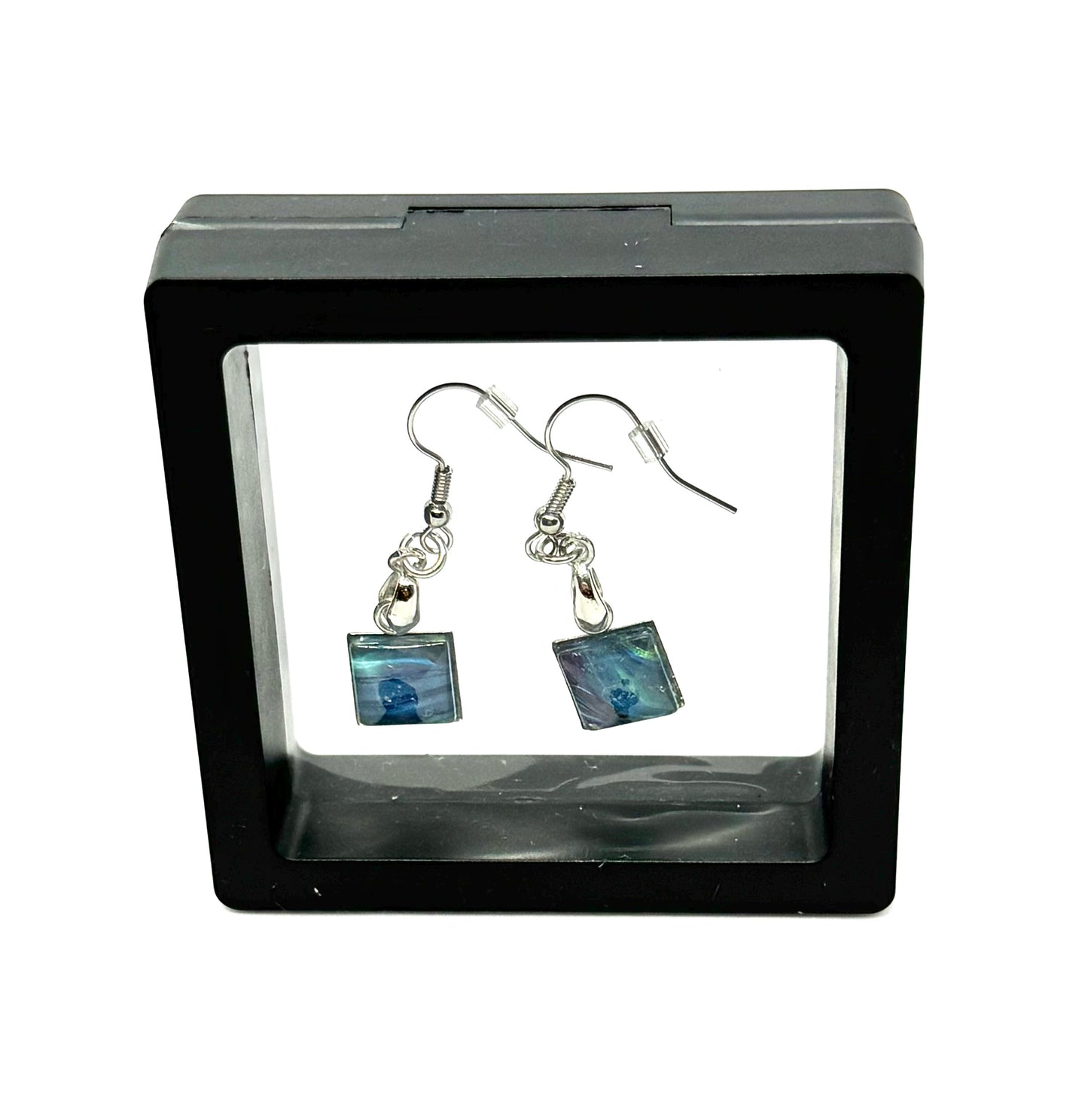 #15 Ocean Drift Glass Dome Earrings – Handmade Acrylic Paint Pour Square Dangle Earrings