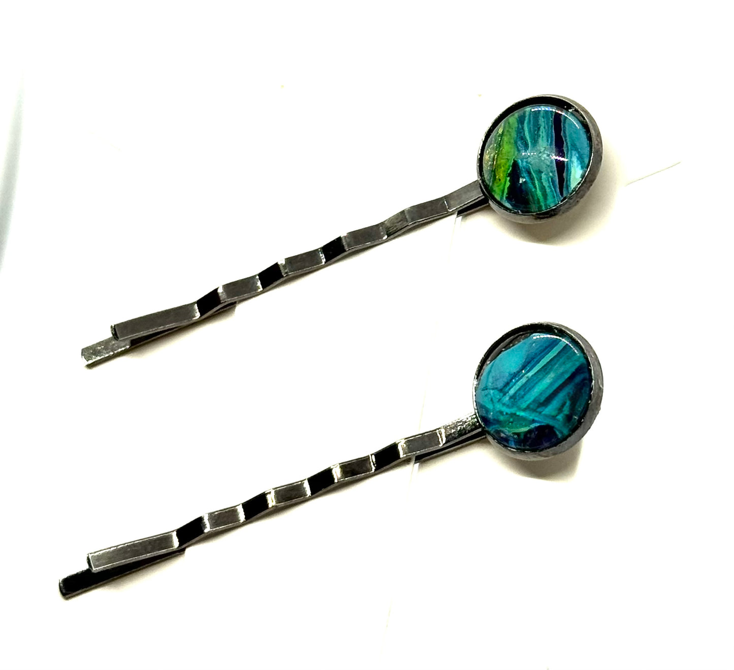#2 Cool Chaos Bobby Pins – Blue & Teal Swirl Set (2pc)