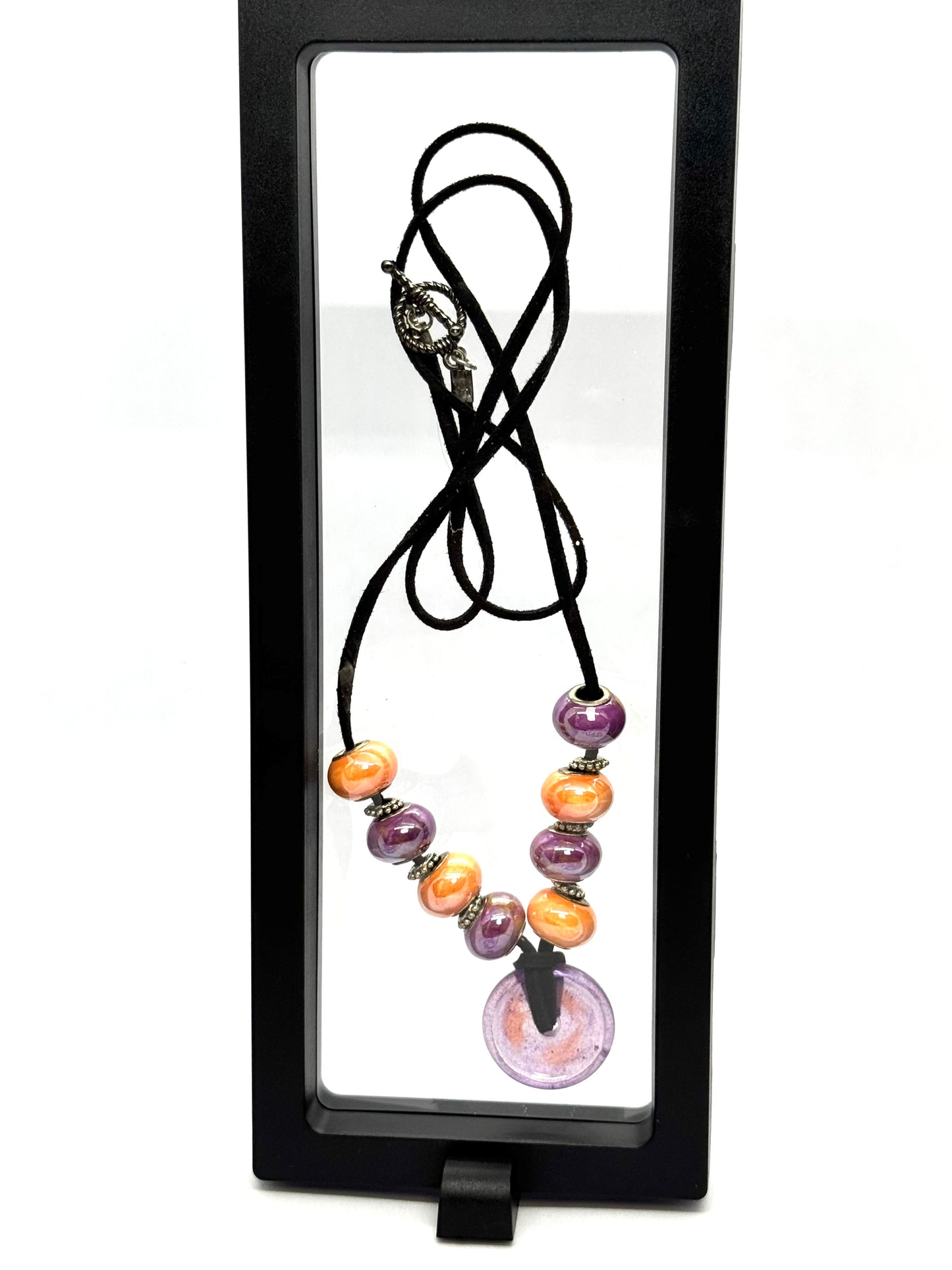 Sunset Chaos Beaded Pendant Necklace | Purple & Orange | 28” Black Cord | Handmade Statement Jewelry