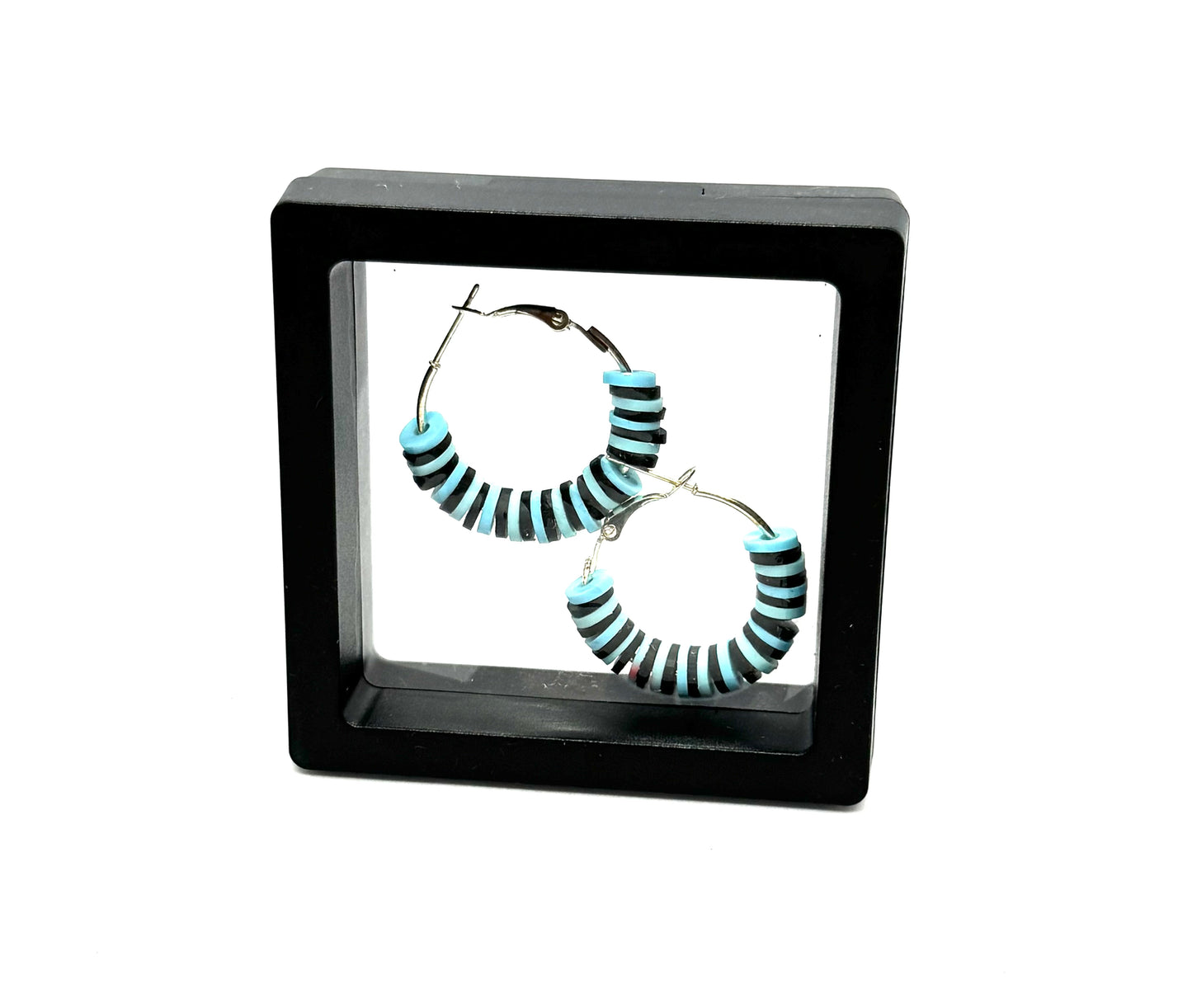 #11 Blue Mood Swing Hoop Earrings – Handmade Black & Aqua Beaded Hoops