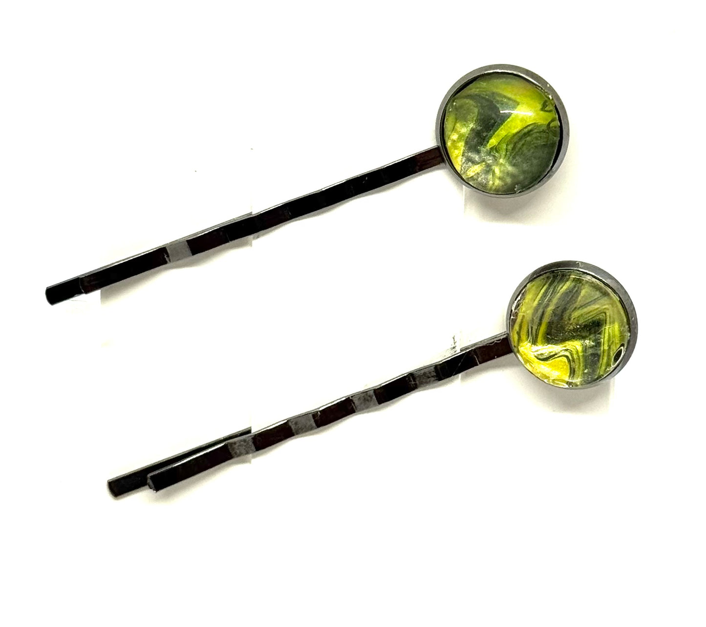 The “Lime Light, Zero Chill” Bobby Pin Set – Handmade Green Swirl Hair Pins (Set of 2)
