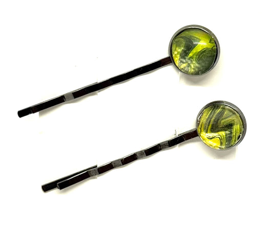 The “Lime Light, Zero Chill” Bobby Pin Set – Handmade Green Swirl Hair Pins (Set of 2)