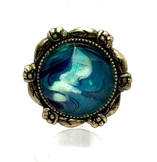 #12 Ocean Dream Glass Dome Statement Ring – Teal Blue Swirl Vintage Style Adjustable Ring