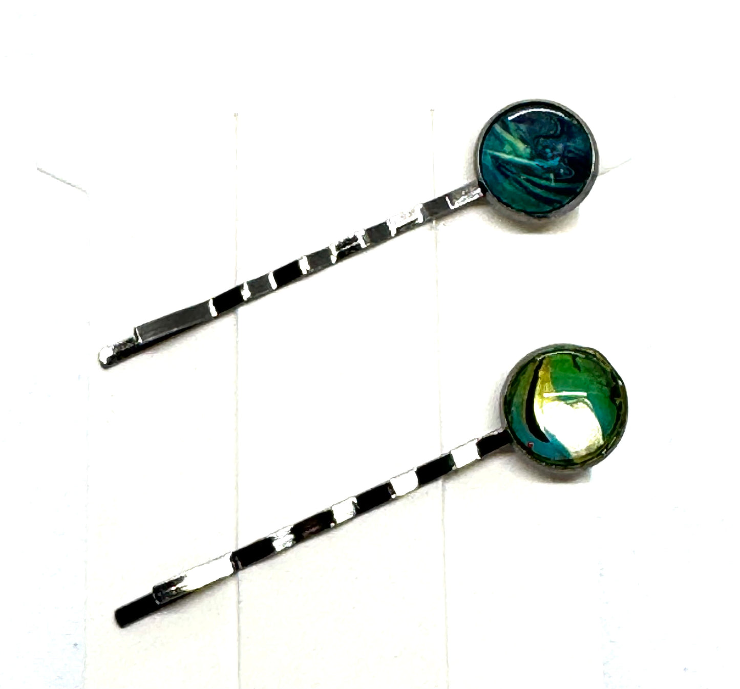 #5 Deep Ocean Chaos Bobby Pins – Teal & Emerald Swirl Set (2pc)