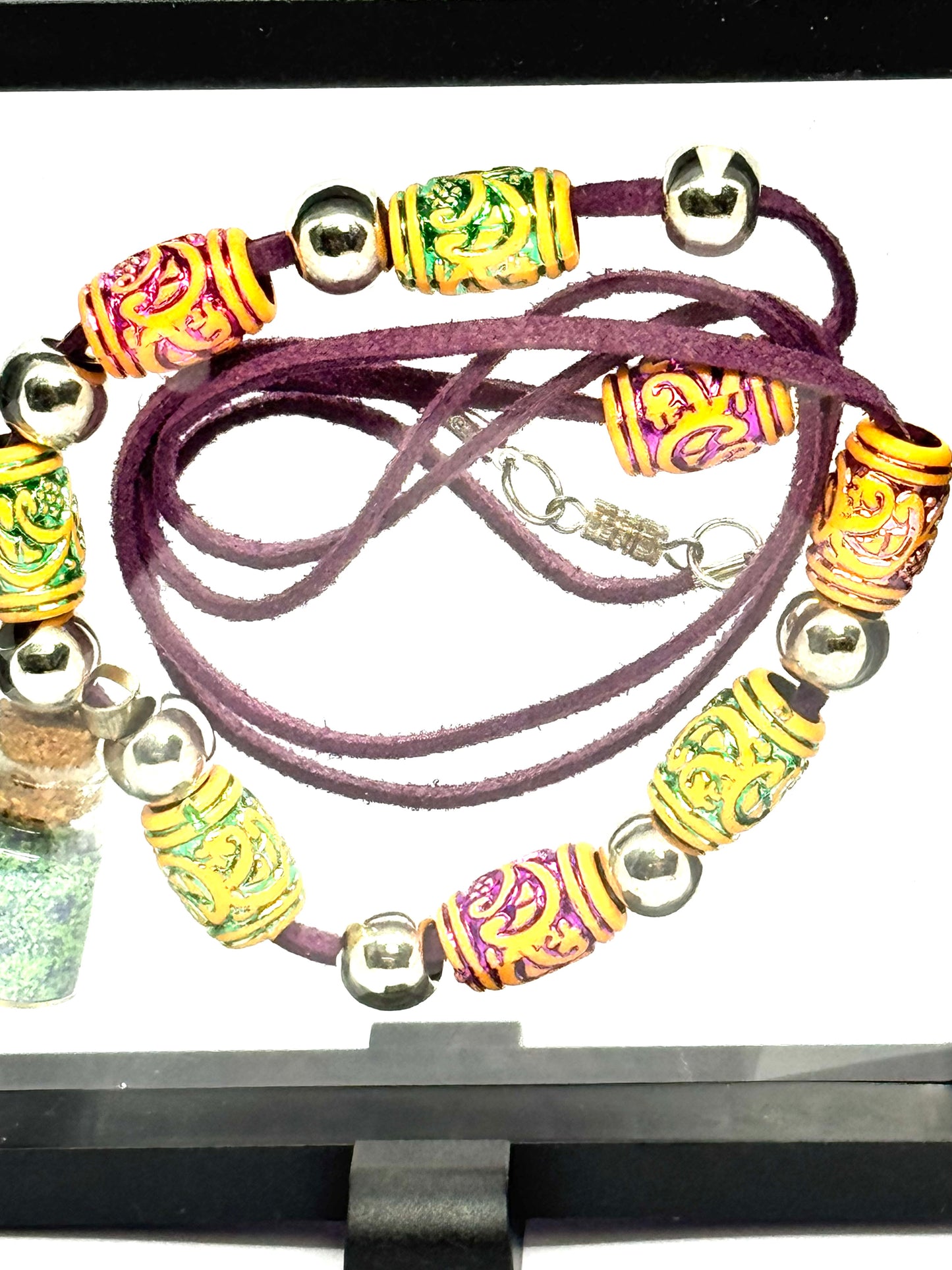 Purple Leather Potion Necklace | 32” Cord | Beaded Statement Necklace | Glass Vial Charm | Screw Clasp | Handmade Chaos Jewelry