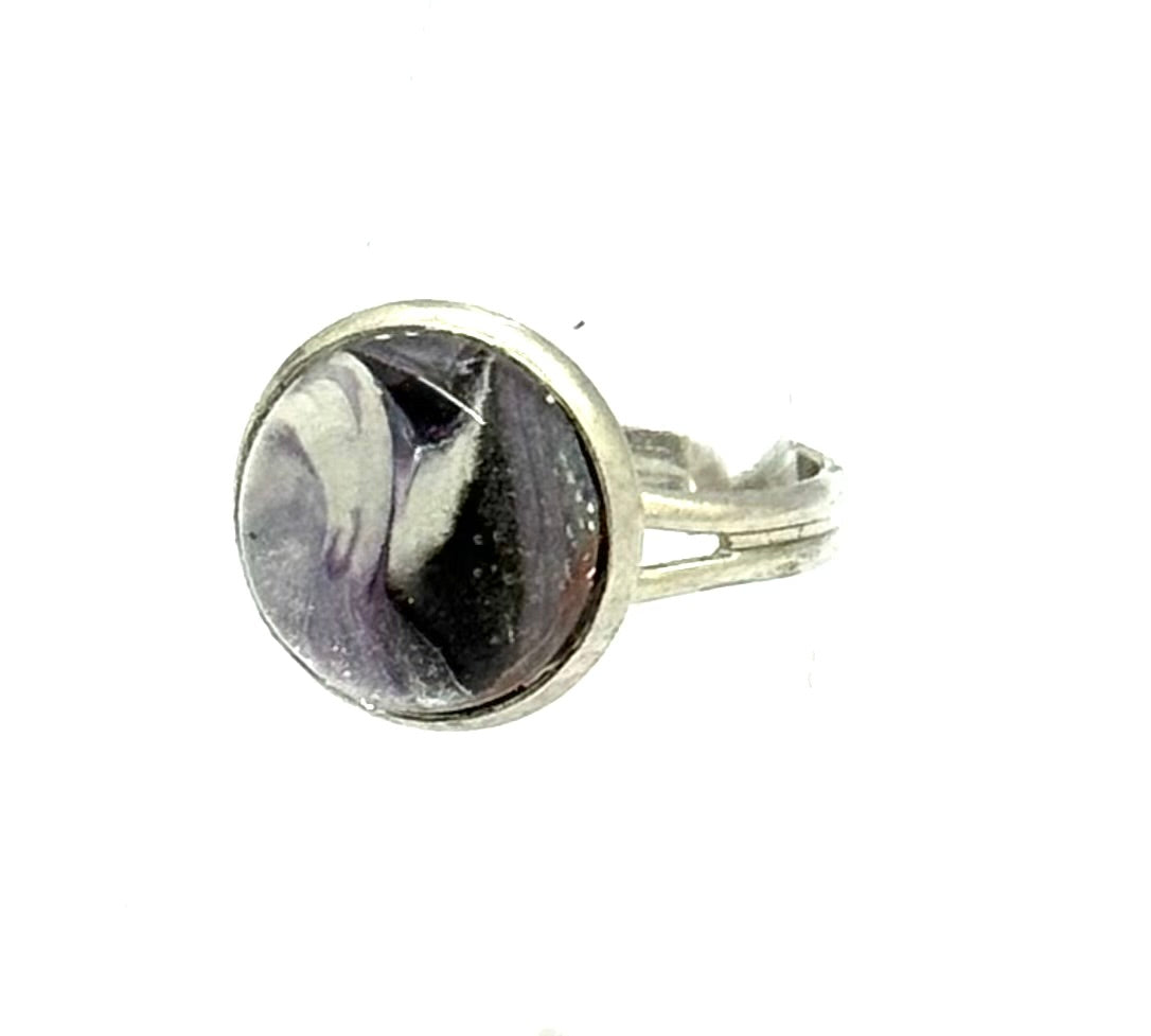 #10 Midnight Divide Glass Dome Ring – Smoky Black & Gray Swirl Adjustable Ring
