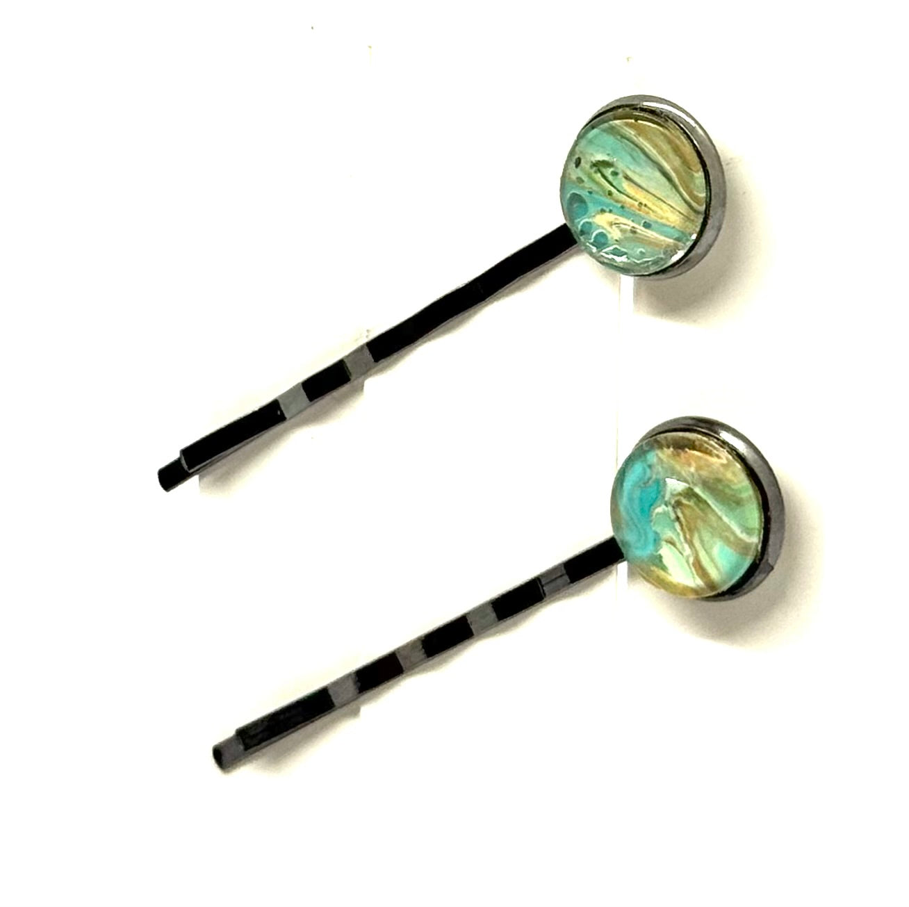 The “Mermaid on Paid Time Off” Bobby Pin Set – Handmade Aqua & Gold Swirl Hair Pins (Set of 2)