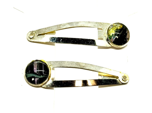 #1 Dark Energy Snap Clips – Silver Tone Black & Green Resin Hair Clips (2pc Set)
