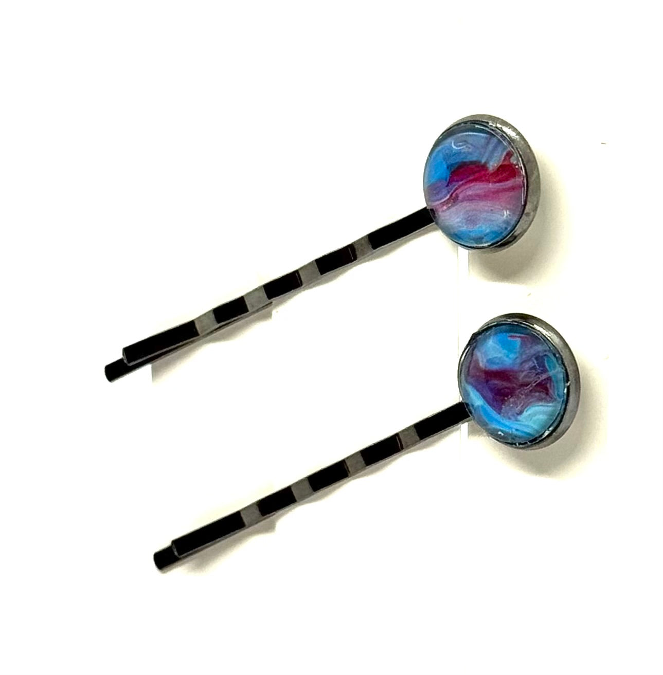 The “Cotton Candy Meltdown” Bobby Pin Set – Handmade Blue & Pink Swirl Hair Pins (Set of 2)