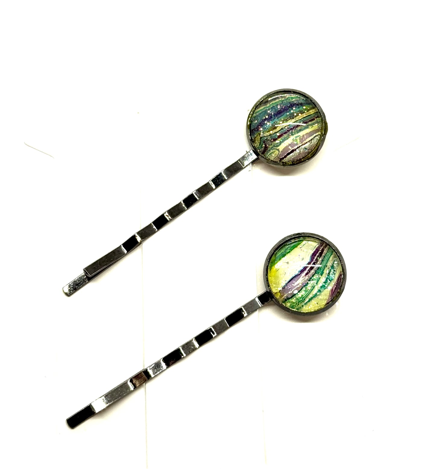 #6 Forest Chaos Bobby Pin Set – Green & Purple Swirl Hair Pins (2pc)