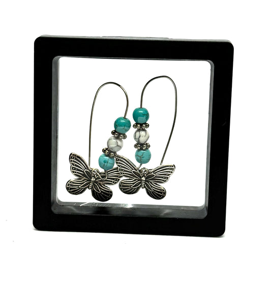#27 Fluttering Through the Shit Show Butterfly Earrings – Turquoise & White Beaded Dangle Earrings