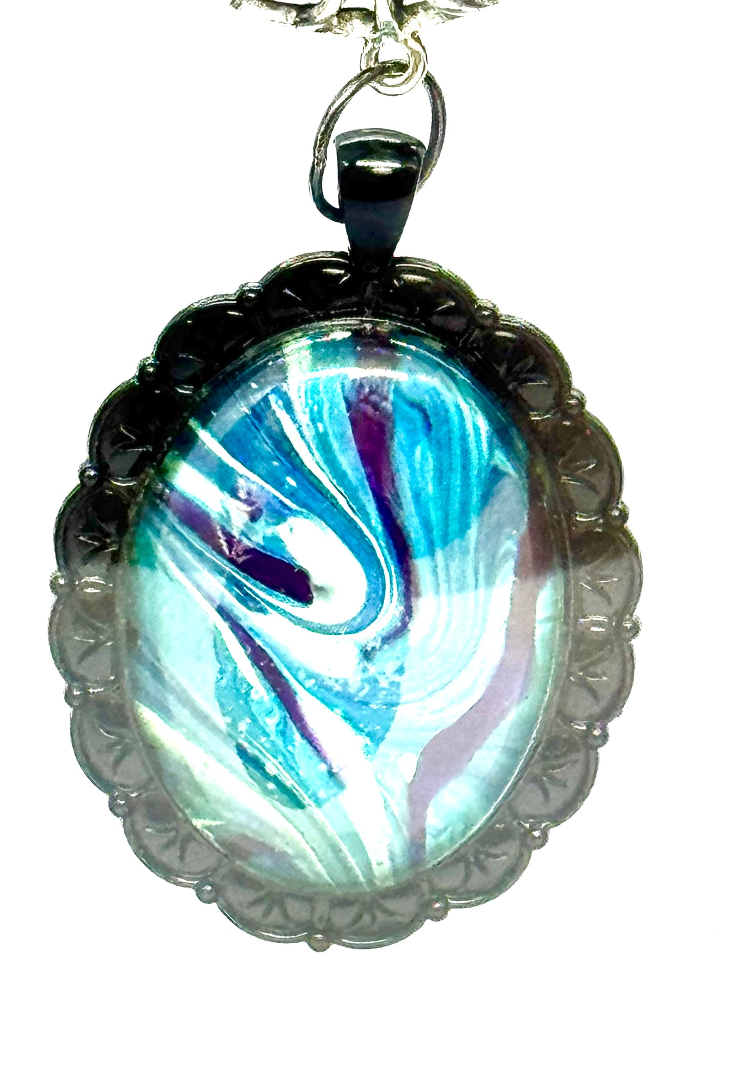 Cosmic Chaos Pendant Necklace | Teal & Purple Swirl | 38” Cord | Statement Piece