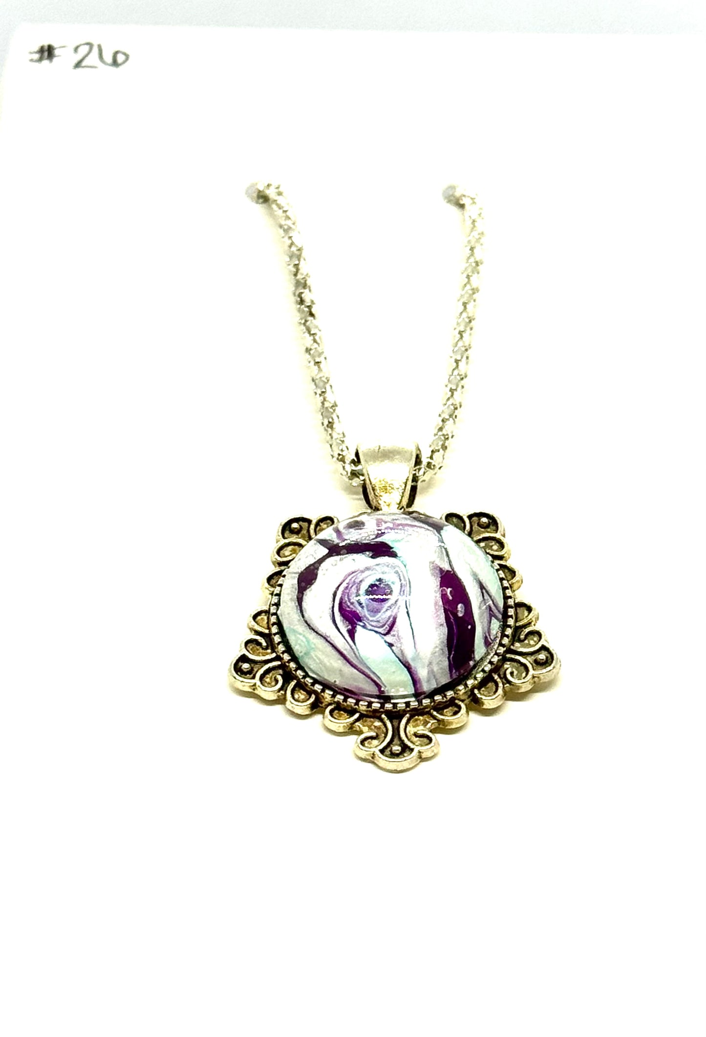 #26 Spiral Delusion – Purple & Silver Paint Pour Pendant | FDSS Original