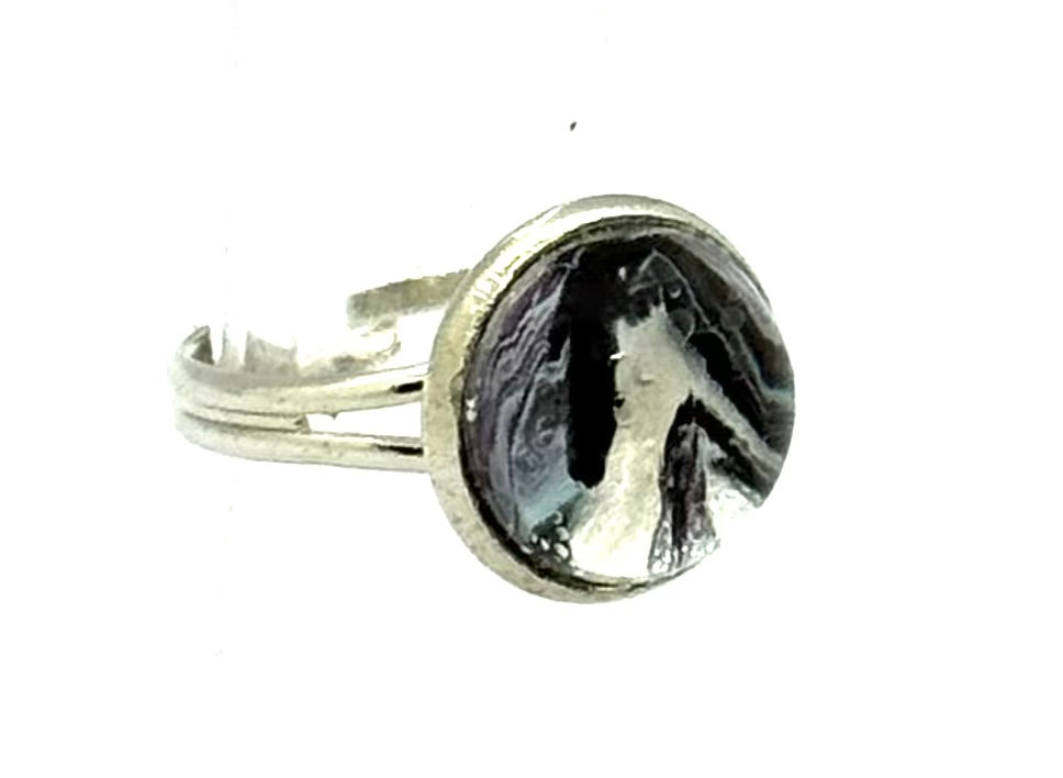 #6 Obsidian Silence Glass Dome Ring – Black & Silver Abstract Statement Ring