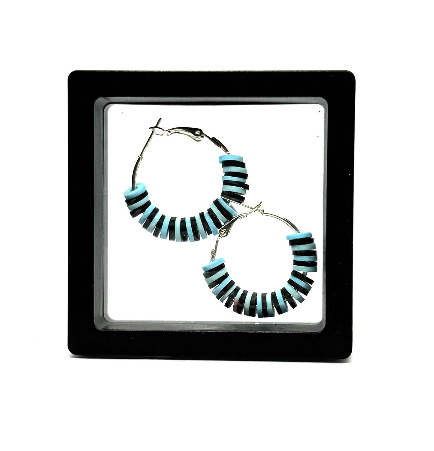 #11 Blue Mood Swing Hoop Earrings – Handmade Black & Aqua Beaded Hoops