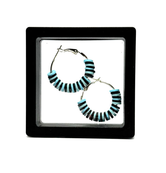 #11 Blue Mood Swing Hoop Earrings – Handmade Black & Aqua Beaded Hoops