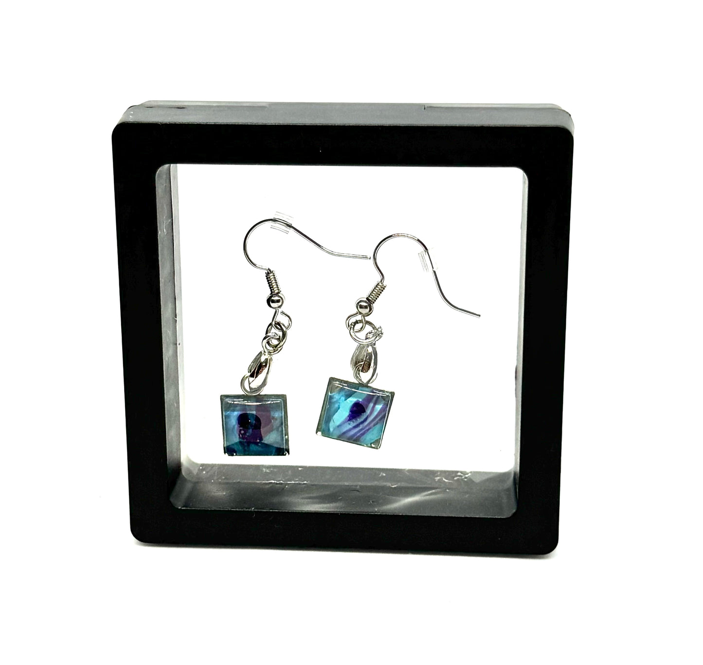 #16 Blue Lagoon Glass Dome Earrings – Handmade Acrylic Paint Pour Square Dangle Earrings