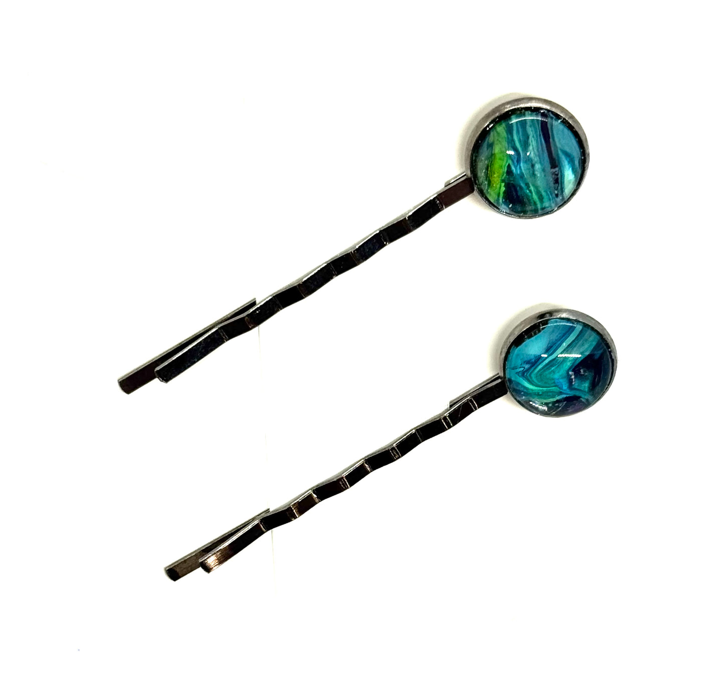 #2 Cool Chaos Bobby Pins – Blue & Teal Swirl Set (2pc)
