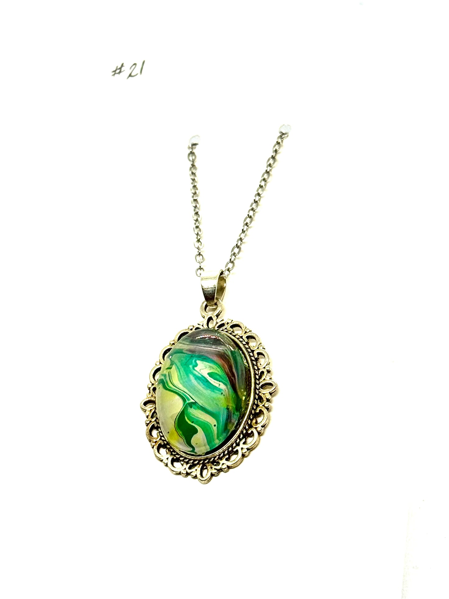 #21 Green Ghost Paint Pour Oval Pendant Necklace – Fluid Art Statement Jewelry