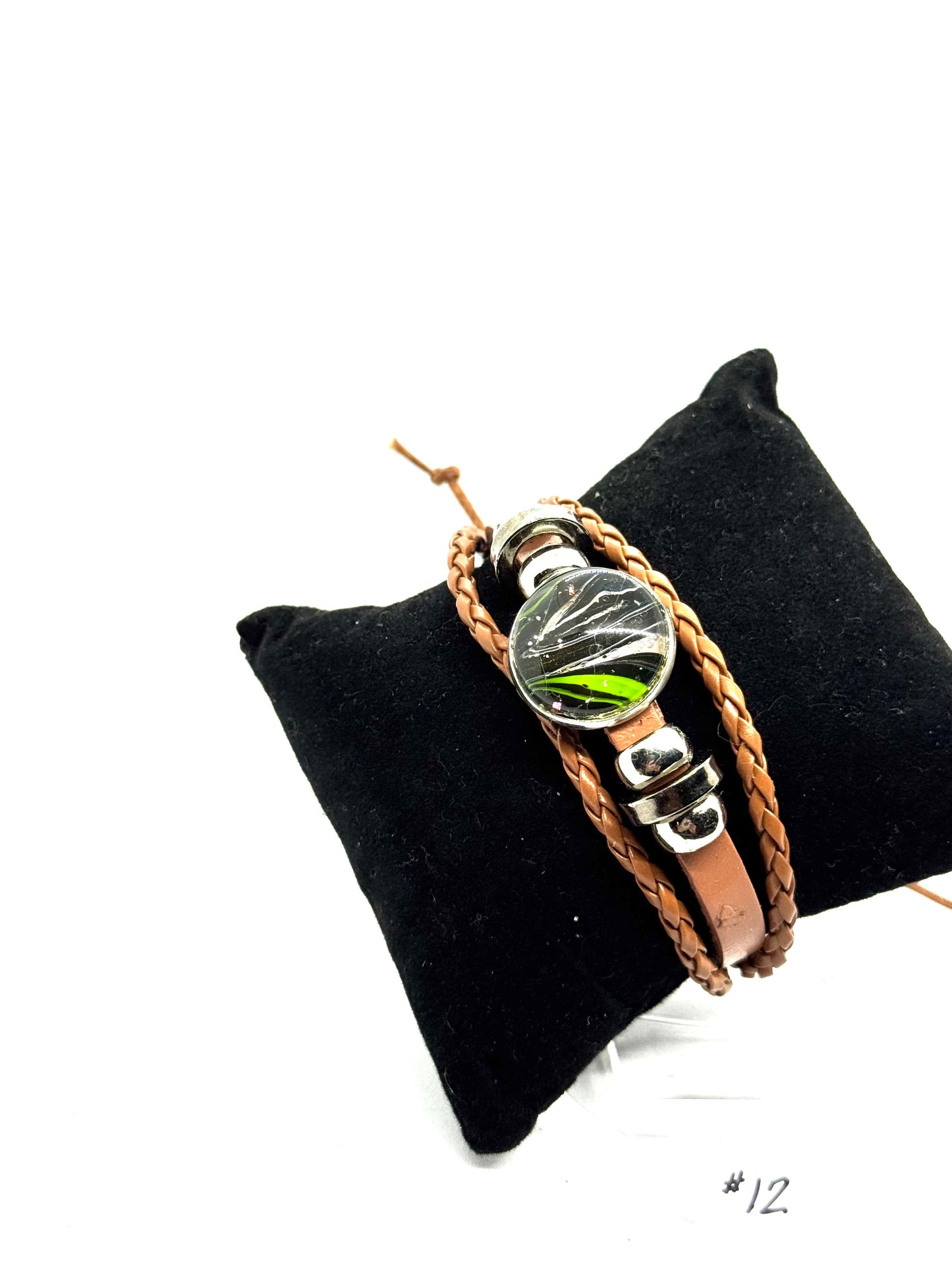 #12 “Main Character Energy” Green Chaos Glass Dome Leather Wrap Bracelet — One-of-a-Kind Handmade Statement Piece | FDSS Exclusive