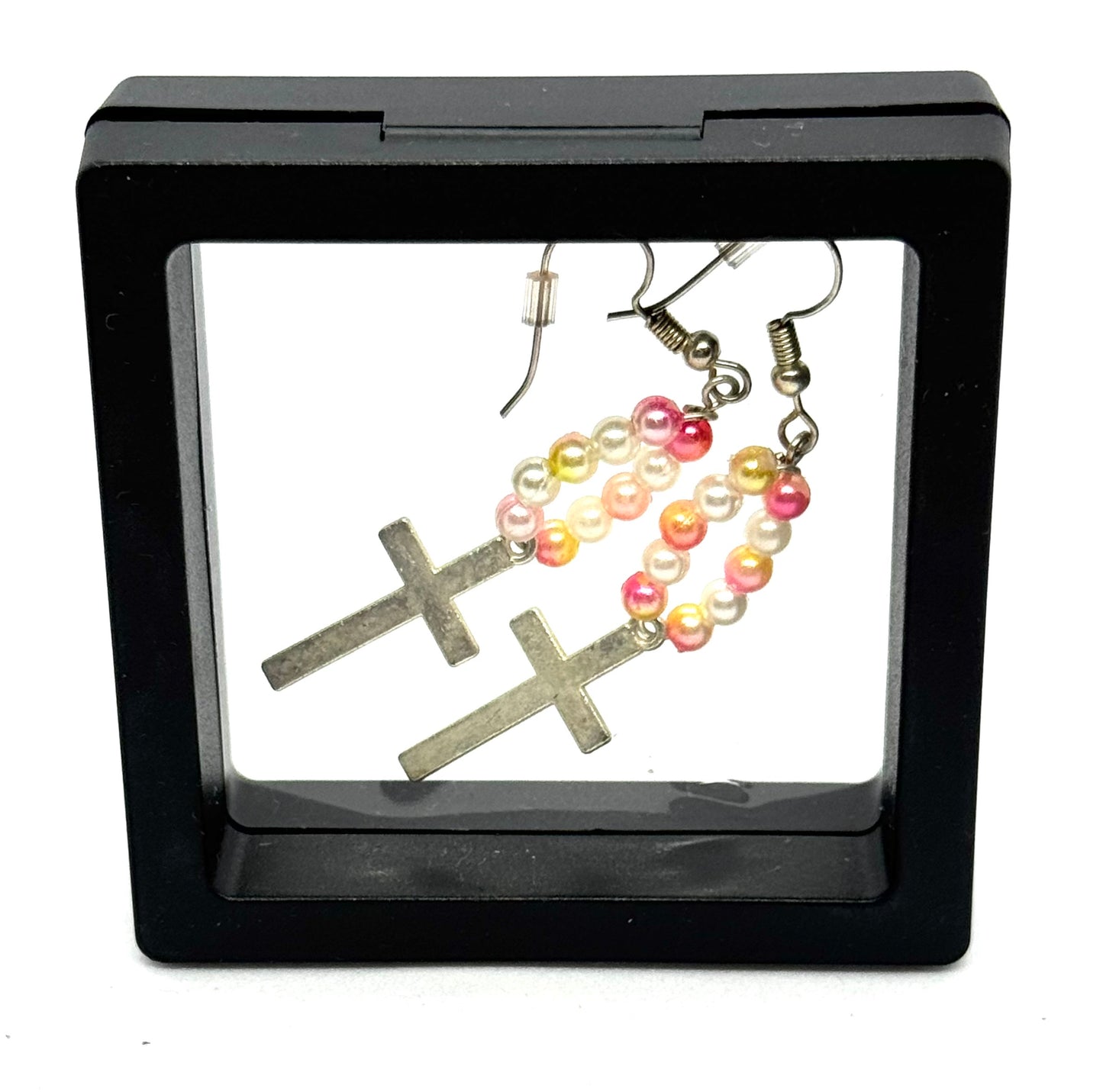 #43 Pearls, Prayers & Persistence Earrings – Pink & Pearl Beaded Cross Dangle Earrings
