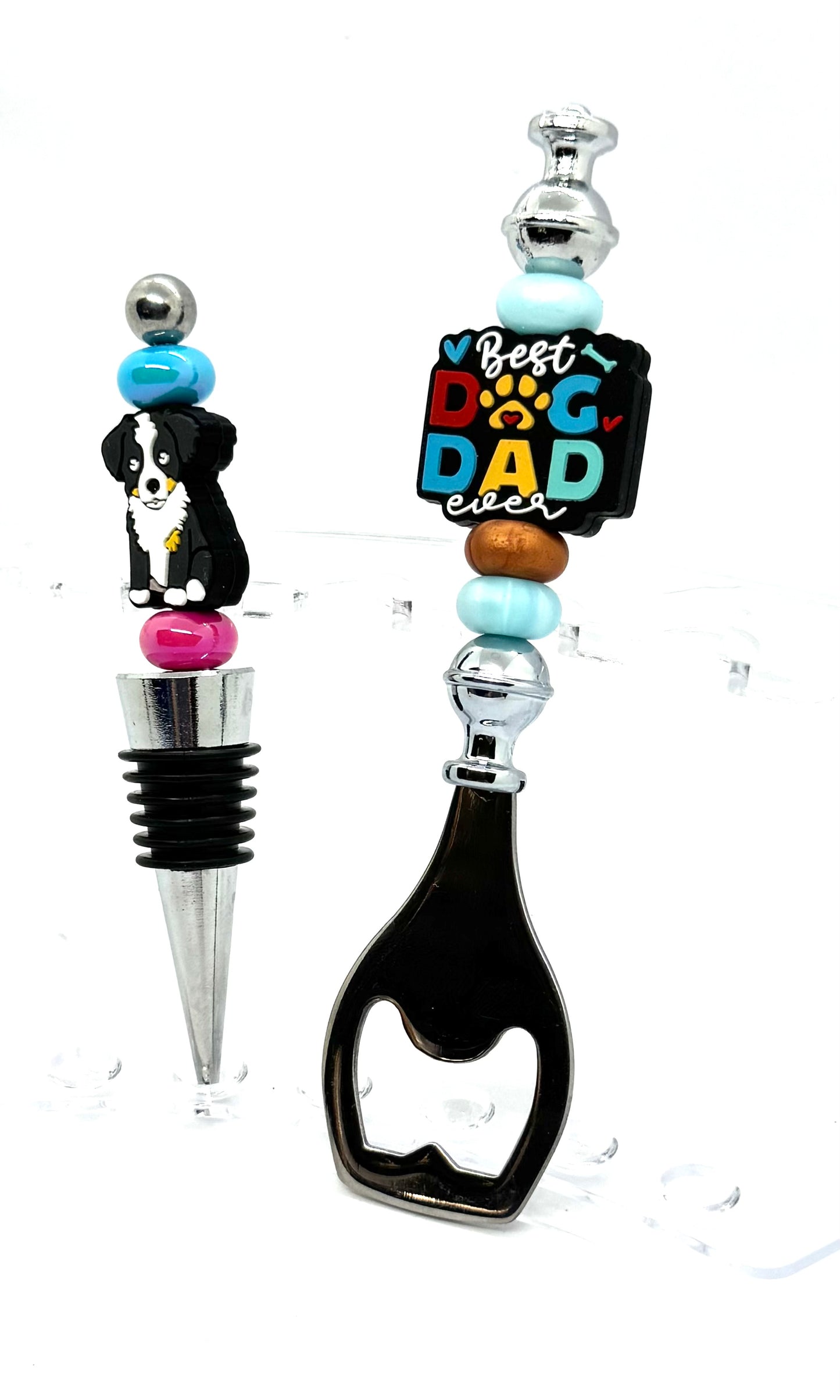 Best Dog Dad Ever Bottle Opener & Bernese Mountain Dog Wine Stopper Gift Set – Handmade FDSS Bar Accessory Duo