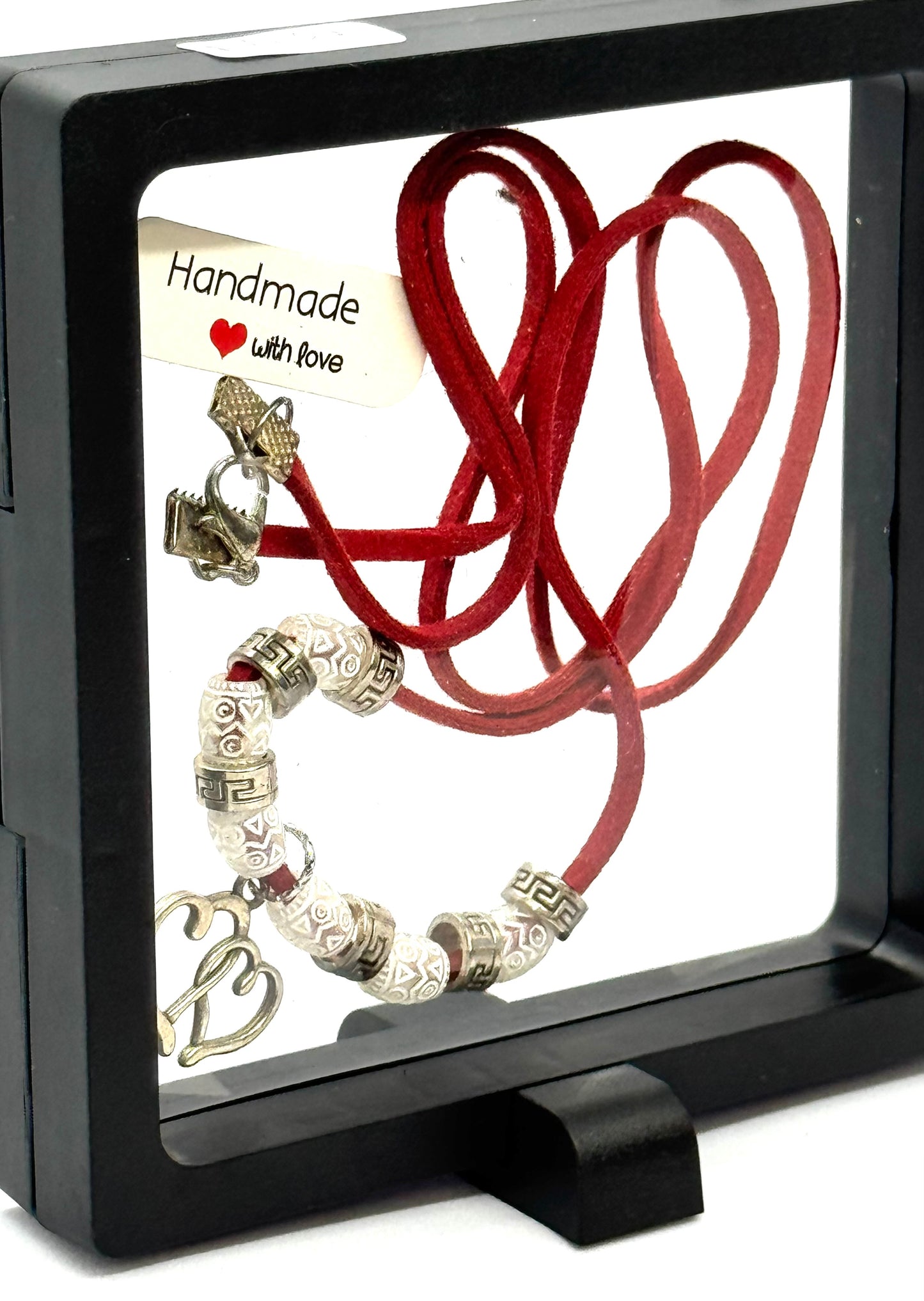 Red Leather Heart Necklace | Beaded Charm Necklace | 28” Cord | Lobster Claw Clasp | Handmade Statement Jewelry