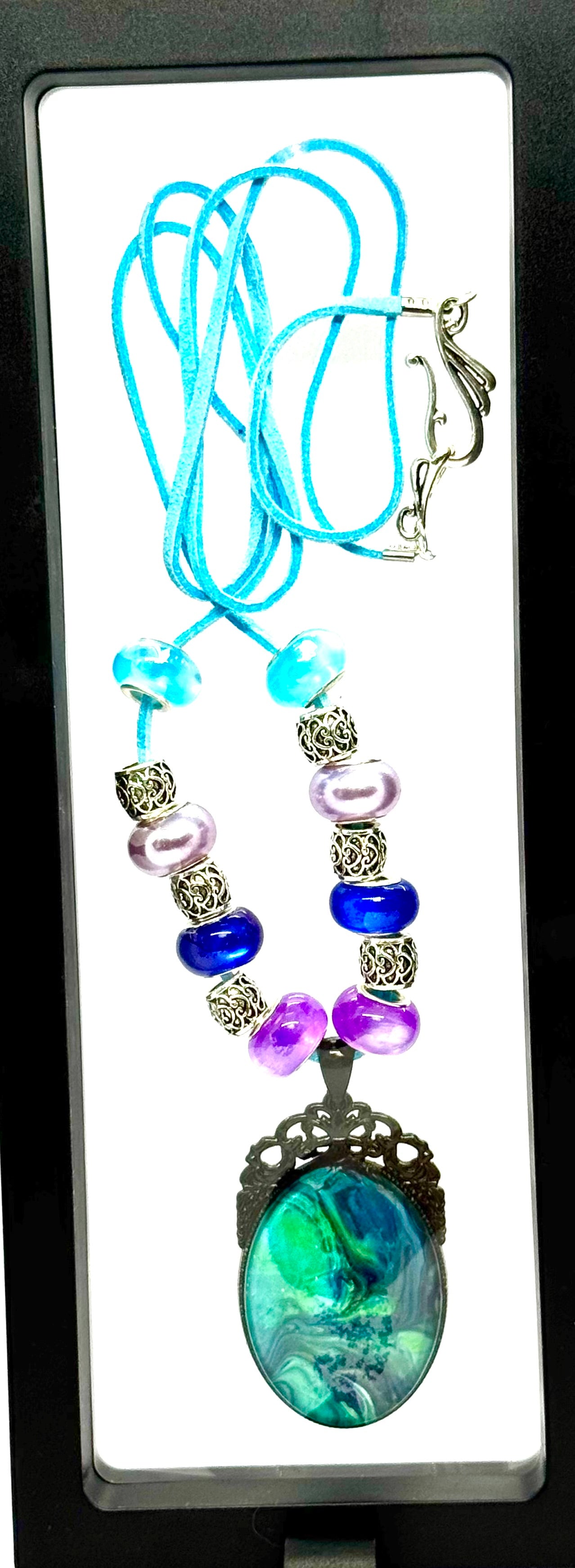 Emotional Support Chaos Necklace | Ocean Storm Pendant | Blue Leather Cord | Beaded Statement Piece