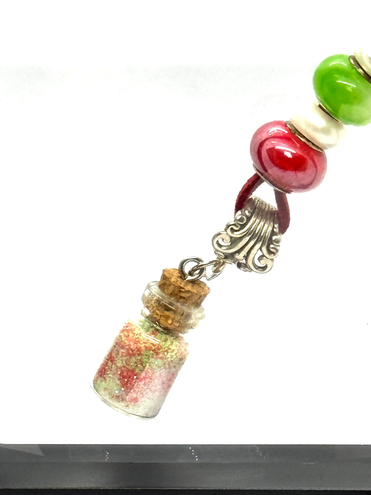 “Holiday Breakdown in a Bottle” Red Cord Beaded Necklace | 26” | Magnetic Clasp | Glitter Bottle Pendant