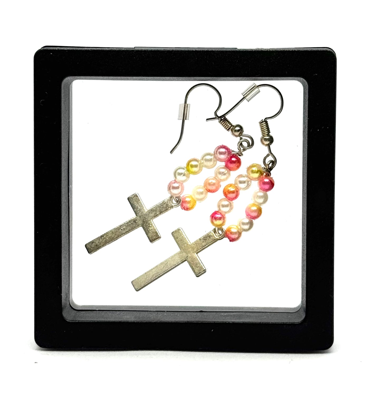 #43 Pearls, Prayers & Persistence Earrings – Pink & Pearl Beaded Cross Dangle Earrings