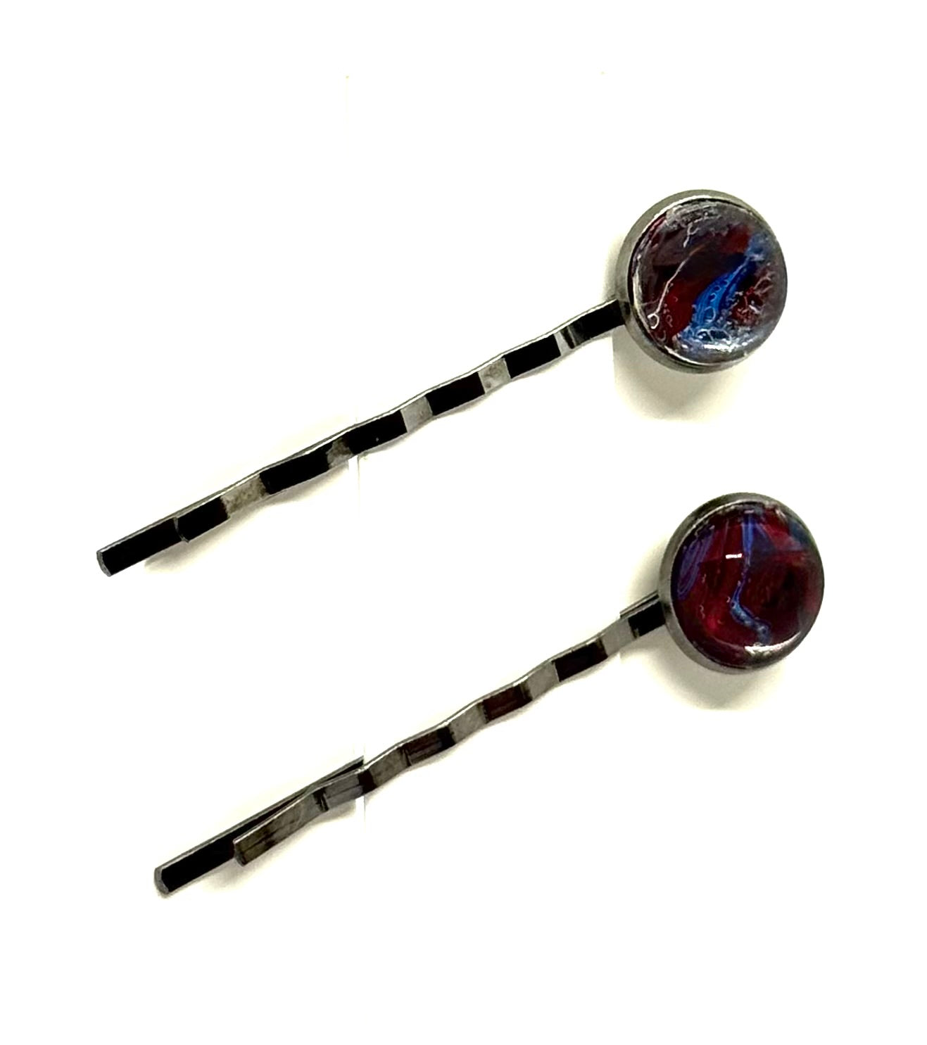 The “Cherry Bomb with Trust Issues” Bobby Pin Set – Handmade Red & Blue Swirl Hair Pins (Set of 2)