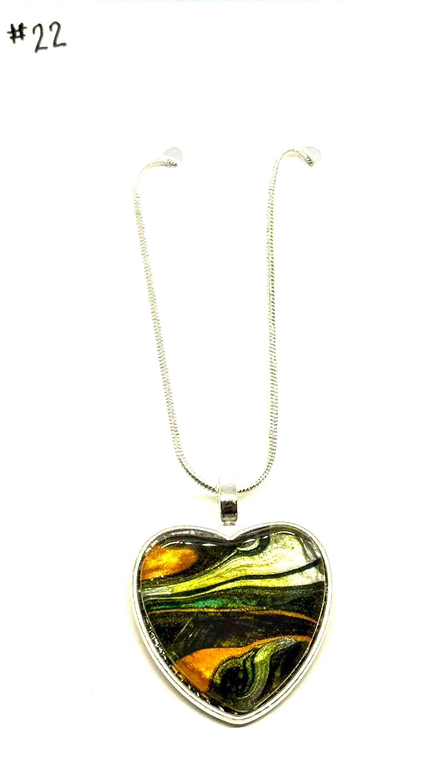 #22 Heartbreak in Technicolor – Black, White, Orange & Rose Gold Paint Pour Heart Pendant Necklace