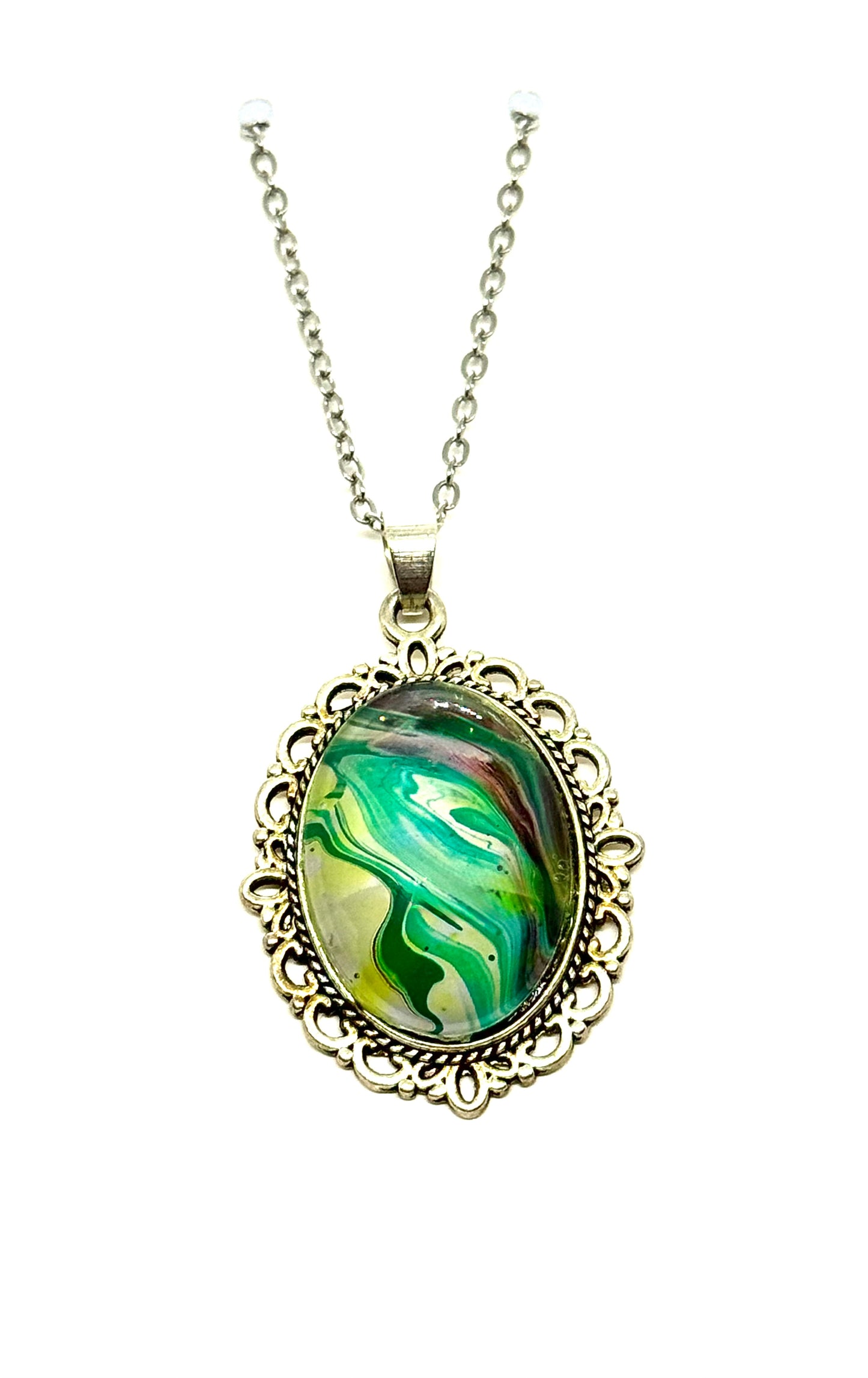 #21 Green Ghost Paint Pour Oval Pendant Necklace – Fluid Art Statement Jewelry