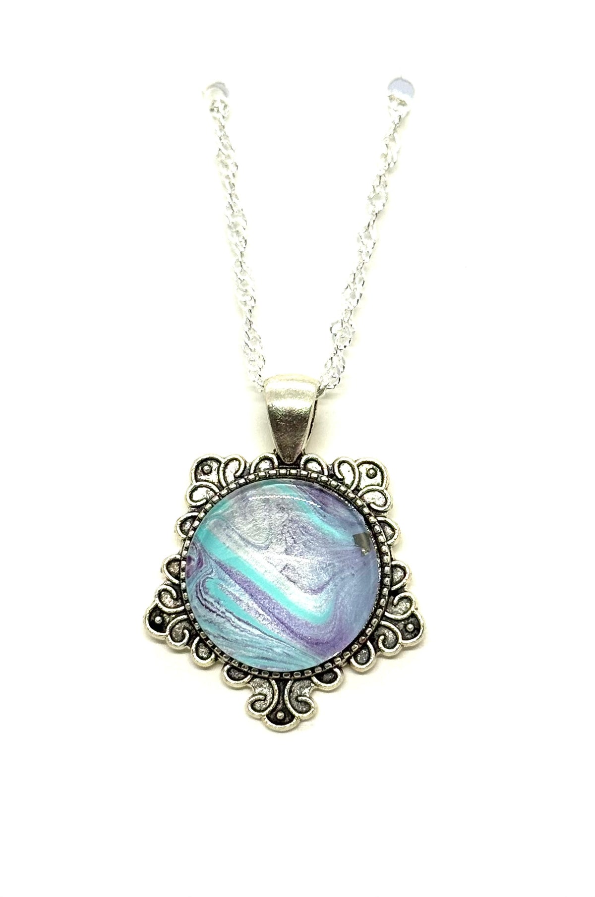 Calm Is Suspicious Necklace | 18” Sterling Silver Aqua & Lavender Paint Pour Necklace