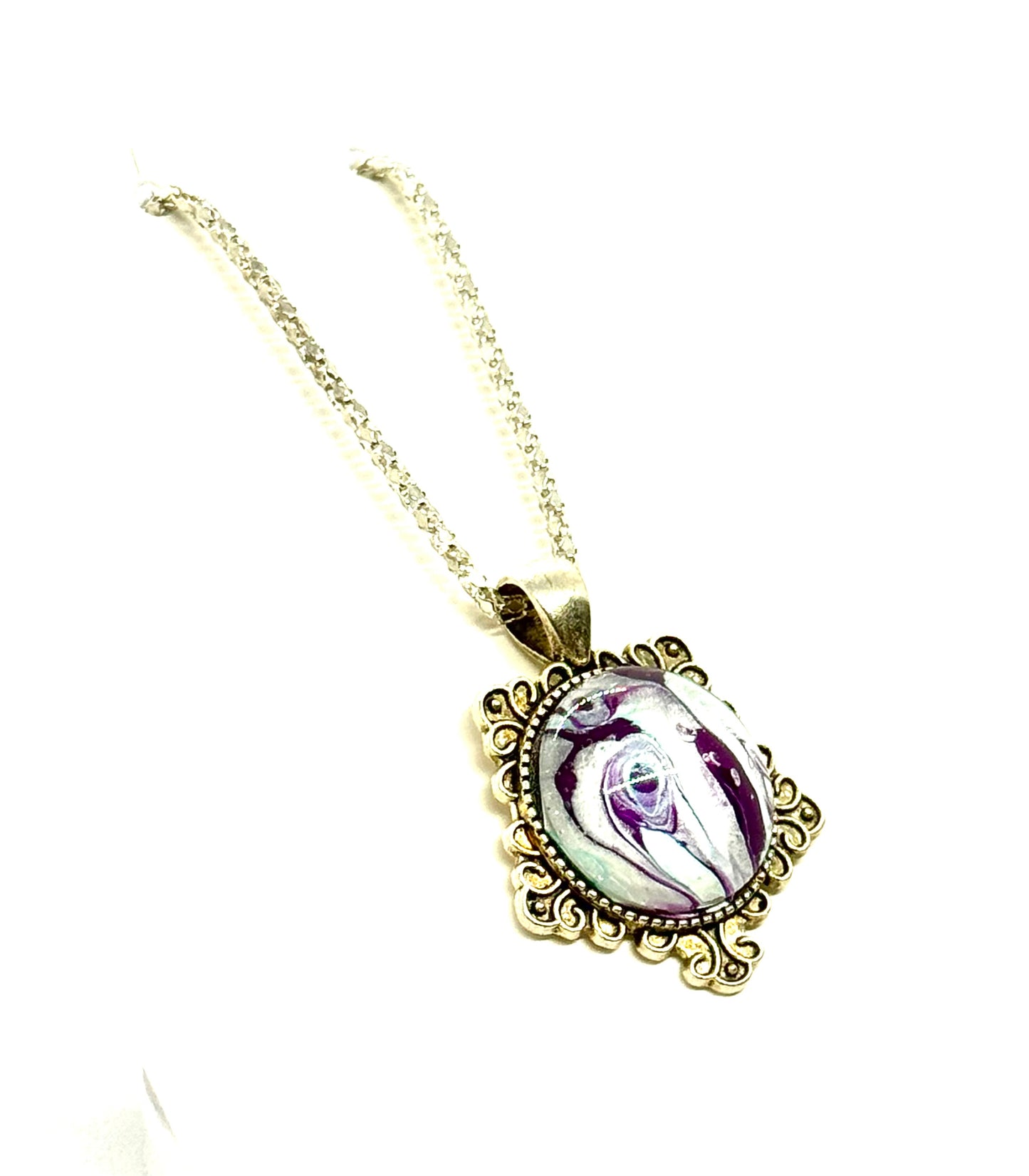 #26 Spiral Delusion – Purple & Silver Paint Pour Pendant | FDSS Original