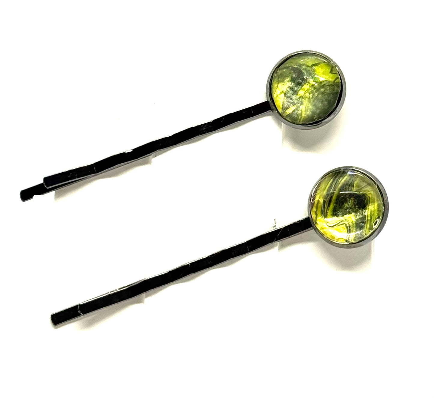 The “Lime Light, Zero Chill” Bobby Pin Set – Handmade Green Swirl Hair Pins (Set of 2)