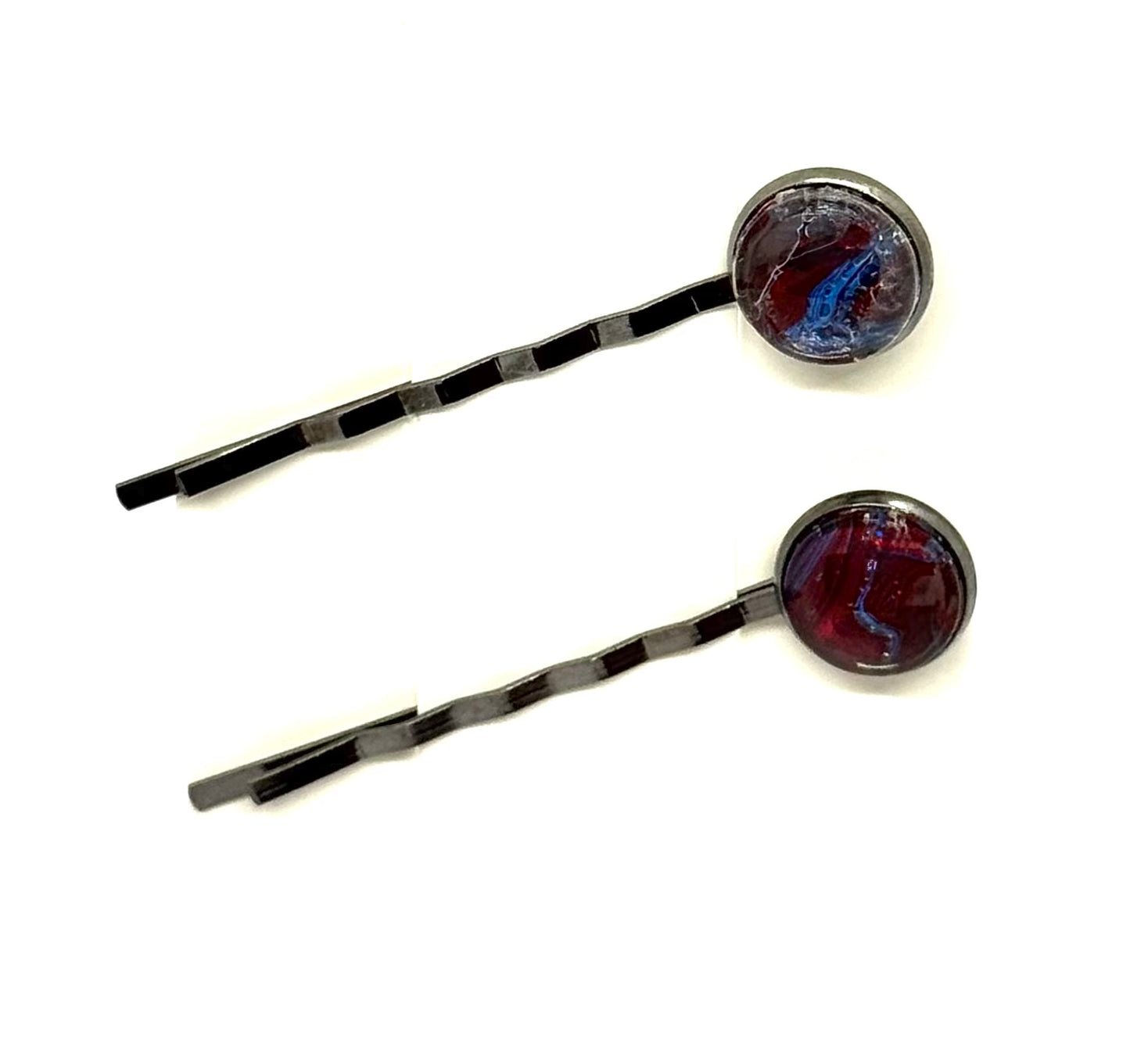 The “Cherry Bomb with Trust Issues” Bobby Pin Set – Handmade Red & Blue Swirl Hair Pins (Set of 2)