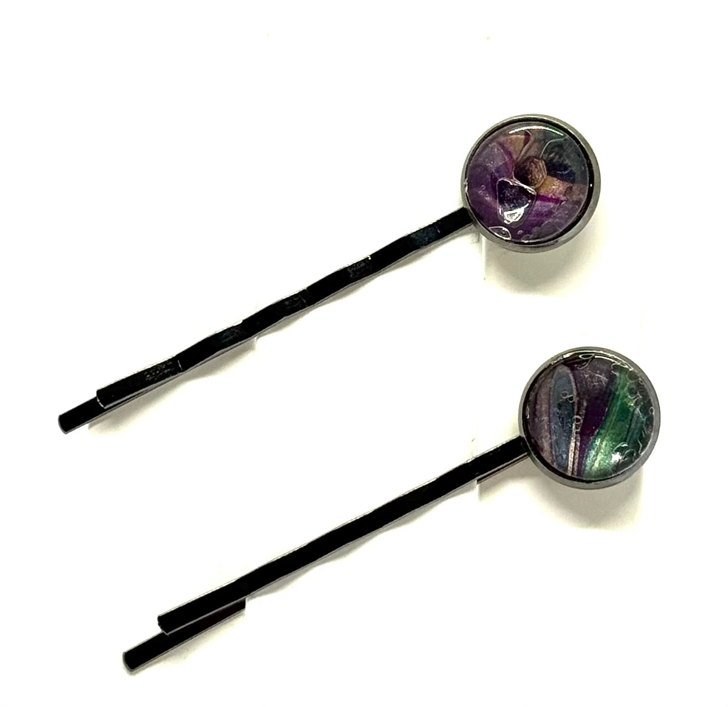 The “Mystic Mayhem” Bobby Pin Set – Handmade Purple & Emerald Swirl Hair Pins (Set of 2)