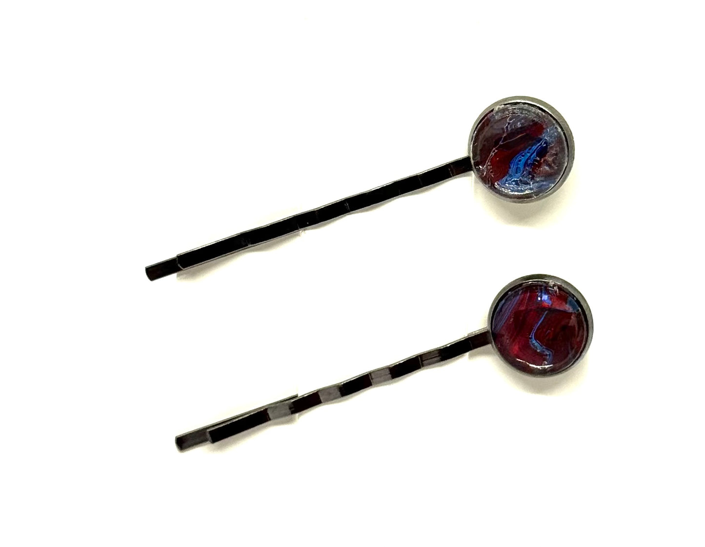 The “Cherry Bomb with Trust Issues” Bobby Pin Set – Handmade Red & Blue Swirl Hair Pins (Set of 2)