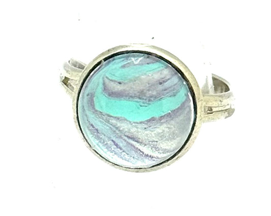 #7 Sea Glass Mirage Glass Dome Ring – Aqua & Silver Swirl Statement Ring