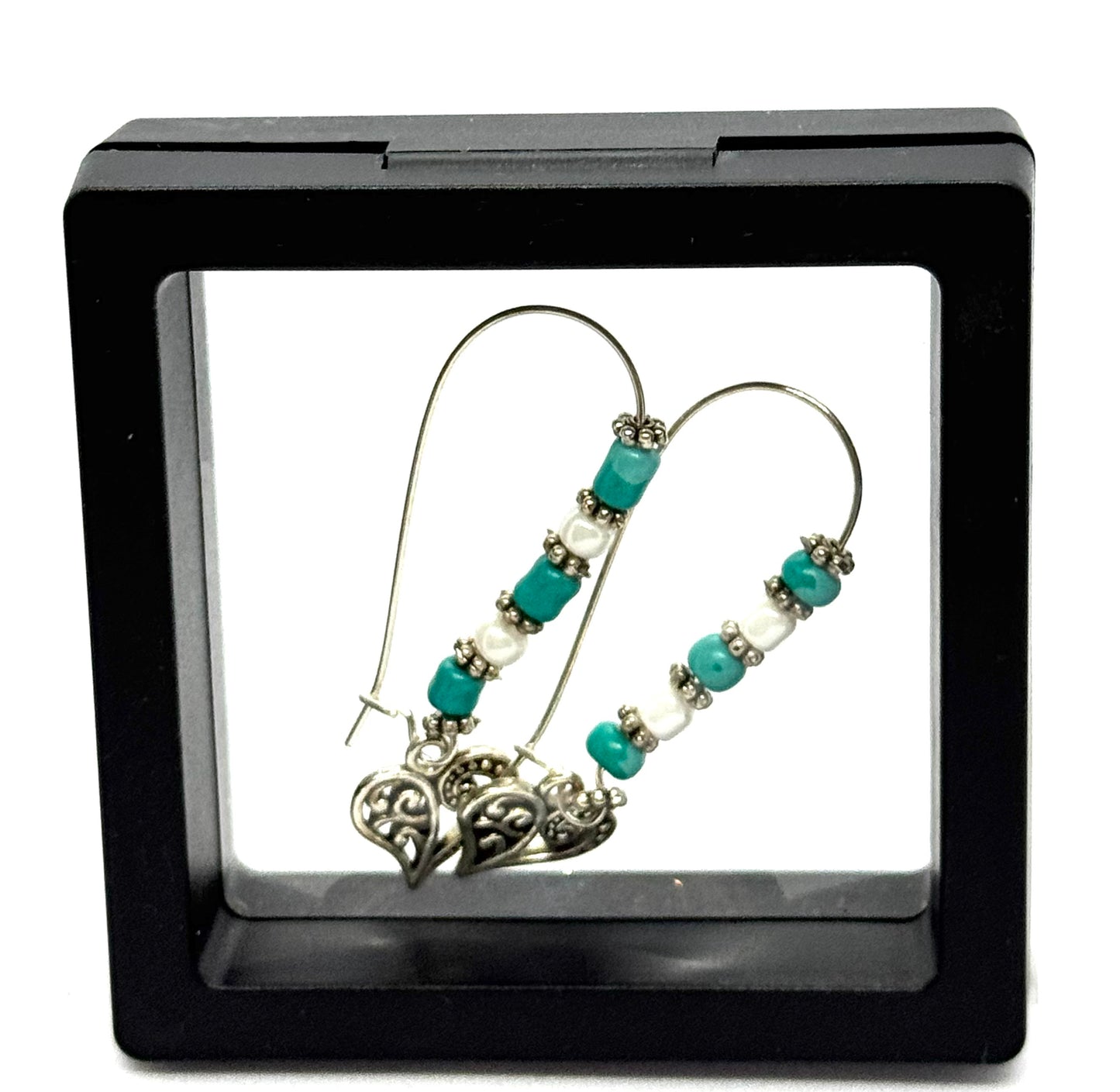 #36 Heartstrings & High Tides Earrings – Turquoise & Pearl Heart Charm Earrings 💙🤍⚓