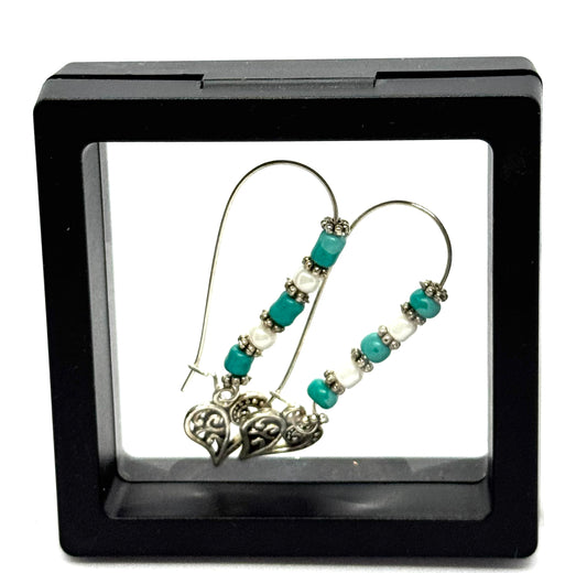 #36 Heartstrings & High Tides Earrings – Turquoise & Pearl Heart Charm Earrings 💙🤍⚓
