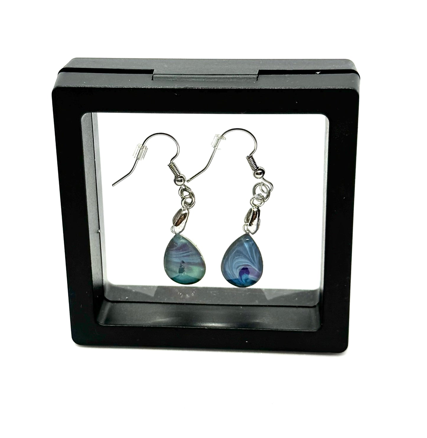 #13 Midnight Ocean Paint Pour Glass Dome Earrings – Handmade Teardrop Dangle Earrings