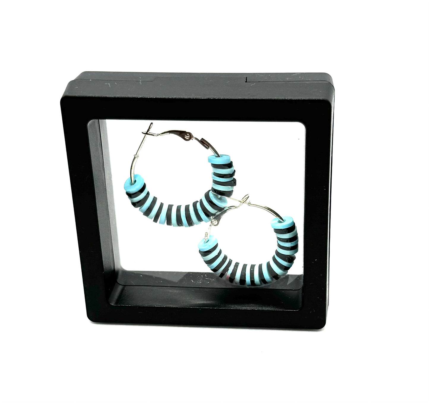 #11 Blue Mood Swing Hoop Earrings – Handmade Black & Aqua Beaded Hoops