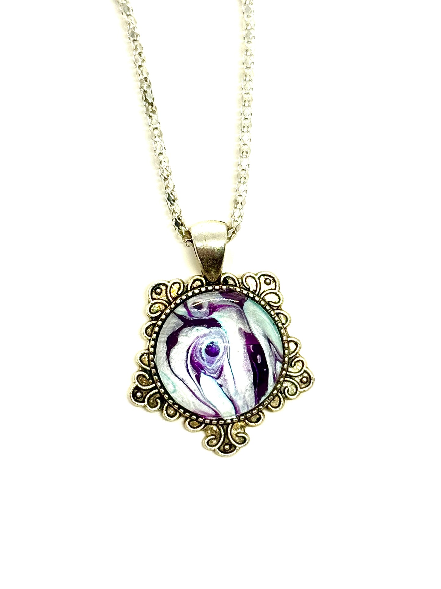#26 Spiral Delusion – Purple & Silver Paint Pour Pendant | FDSS Original