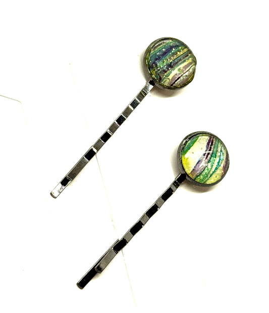 #6 Forest Chaos Bobby Pin Set – Green & Purple Swirl Hair Pins (2pc)